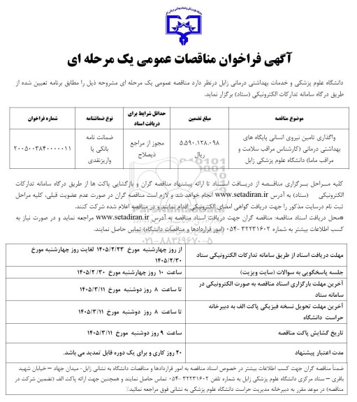 مناقصه واگذاری تامین نیروی انسانی 