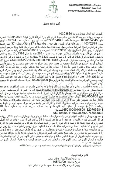 مزایده خودرو سواری پژ و 206 هاج یک مدل 1398 رنگ سفید 