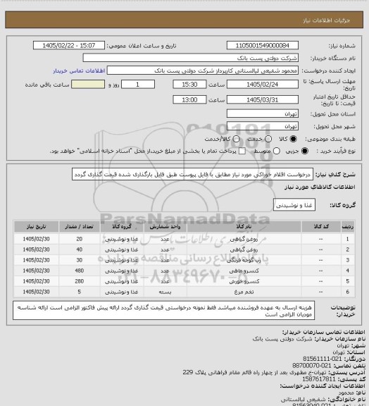 استعلام درخواست اقلام خوراکی مورد نیاز مطابق با فایل پیوست
طبق فایل بارگذاری شده قیمت گذاری گردد
