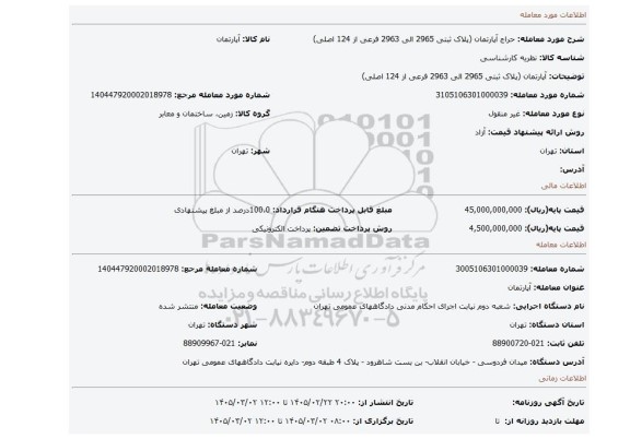مزایده، آپارتمان (پلاک ثبتی 2965 الی 2963 فرعی از 124 اصلی)