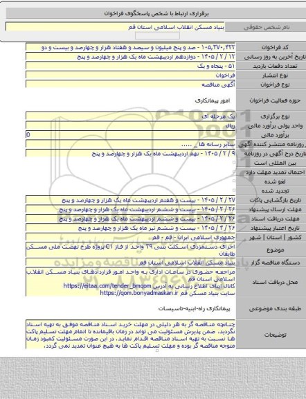 مناقصه, اجرای دستمزدی اسکلت بتنی ۲۹ واحد از فاز C۱ پروژه طرح نهضت ملی مسکن طایقان