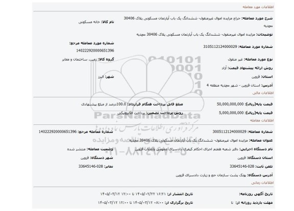 مزایده، مزایده اموال غیرمنقول- ششدانگ یک باب آپارتمان مسکونی پلاک 30406 محمدیه