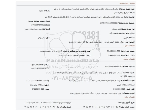 مزایده، یک باب مغازه واقع در بوئین زهرا ، خیابان ولیعصر شرقی به مساحت داخل به داخل 28ر23 مترمربع و 78ر25 متر
