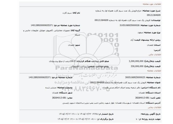 مزایده، فروش یک عدد سیم کارت همراه اول به شماره 09121364609