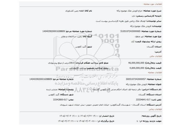 مزایده، فروش ملک موضوع ترکه