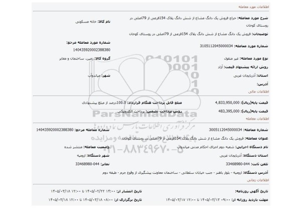 مزایده، فروش یک دانگ مشاع از شش دانگ پلاک 154فرعی از 79اصلی در روستای کوخان