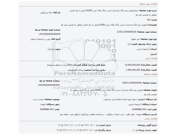 مزایده، فروش نیم دانگ مشاع از شش دانگ پلاک ثبتی 30393 فرعی از یک اصلی متعلق به مجتبی امید وار