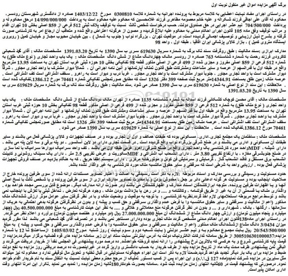 مزایده یک باب واحد تجاری ( نوع ملک طلق) به شماره 512 فرعی از 859 اصلی مفروز و مجزی شده از 499 فرعی از اصلی