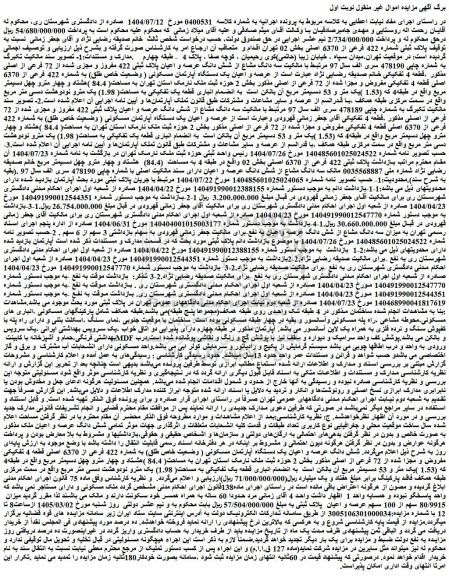 مزایده سه دانگ مشاع از شش دانگ عرصه و اعیان پلاک ثبتی 422 مفروز و مجزی شده از 72 فرعی از اصلی