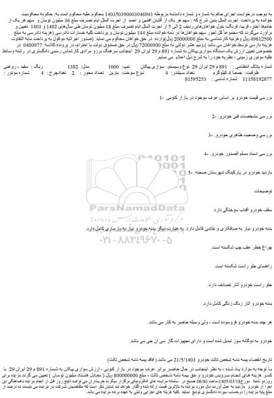 مزایده خودرو سواری پیکان  تیپ:  1600   مدل:  1382    رنگ :  سفید - روغنی