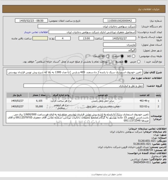 استعلام تامین خودروی استجاری سبک با راننده ( دنا،سمند، 405 و پارس ) با مدل 1395 به بالا که شرح پیش نویس قرارداد پیوستی