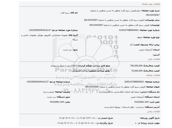 مزایده، فروش سیم کارت متعلق به حسن ابراهیی با شماره 09143442007