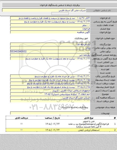 مناقصه, خط انتقال ۱۲ اینج به پتروشیمی شیراز ۱۴۰۵/۰۷