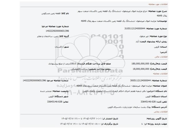 مزایده، مزایده اموال غیرمنقول- ششدانگ یک قطعه زمین تاکستان صنعت سوم پلاک 4649