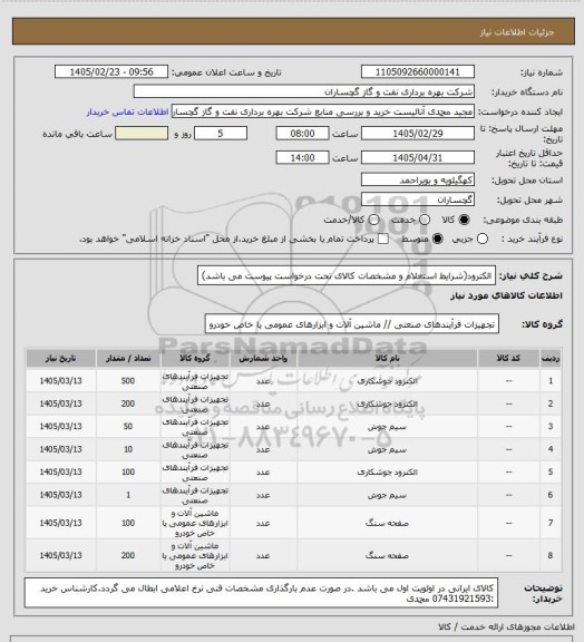استعلام الکترود(شرایط استعلام و مشخصات کالای تحت درخواست پیوست می باشد)