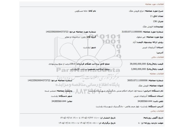 مزایده، فروش ملک