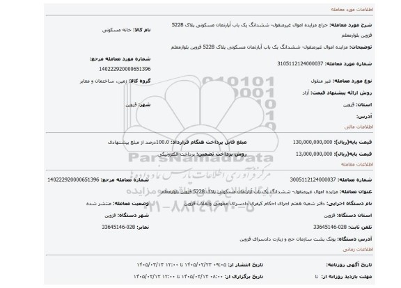 مزایده، مزایده اموال غیرمنقول- ششدانگ یک باب آپارتمان مسکونی پلاک 5228 قزوین بلوارمعلم