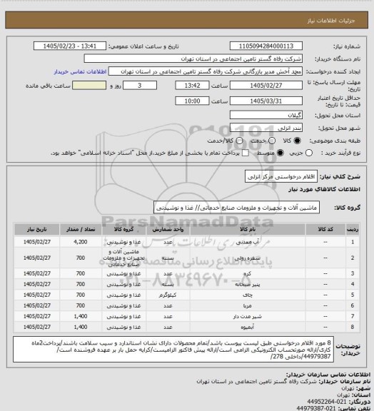 استعلام اقلام درخواستی مرکز انزلی