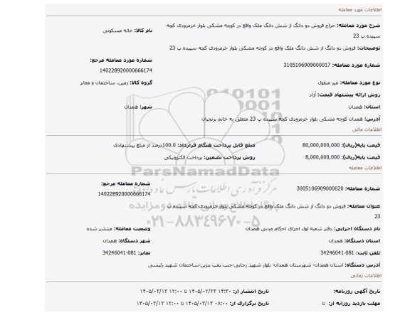 مزایده، فروش دو دانگ از شش دانگ ملک واقع در کوچه مشکی بلوار خرمرودی کچه سپیده پ 23