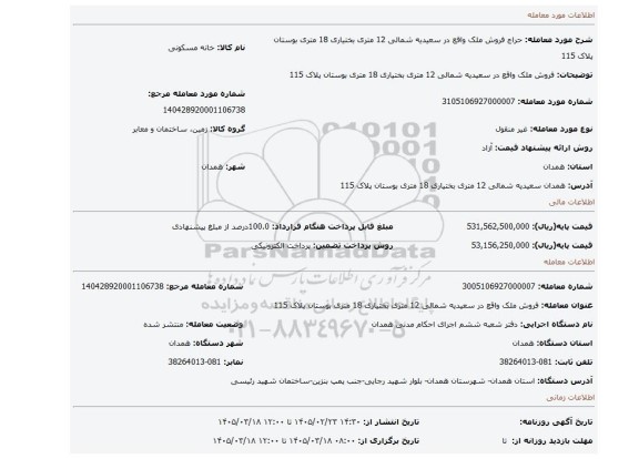 مزایده، فروش ملک واقع در سعیدیه شمالی 12 متری بختیاری 18 متری بوستان پلاک 115
