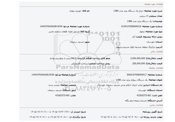 مزایده، یک دستگاه پراید مدل 1386