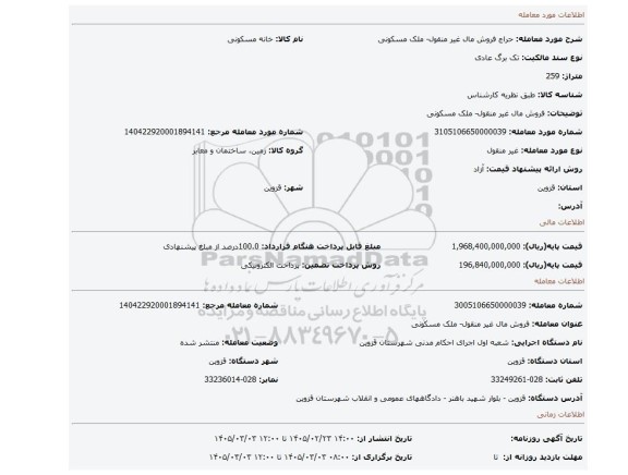 مزایده، فروش مال غیر منقول- ملک مسکونی