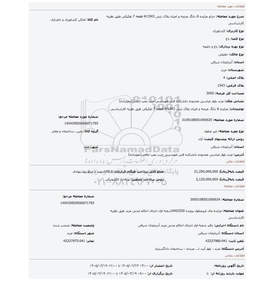 مزایده، مزایده 6 دانگ عرصه و اعیان پلاک ثبتی 4/1543 قطعه 7 تفکیکی طبق نظریه کارشناسی