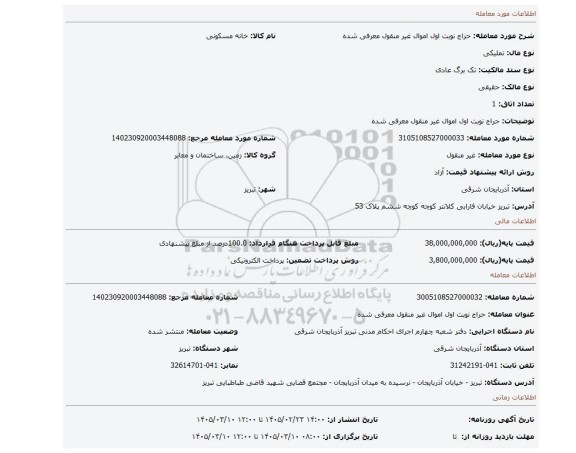 مزایده، حراج نوبت اول اموال غیر منقول معرفی شده