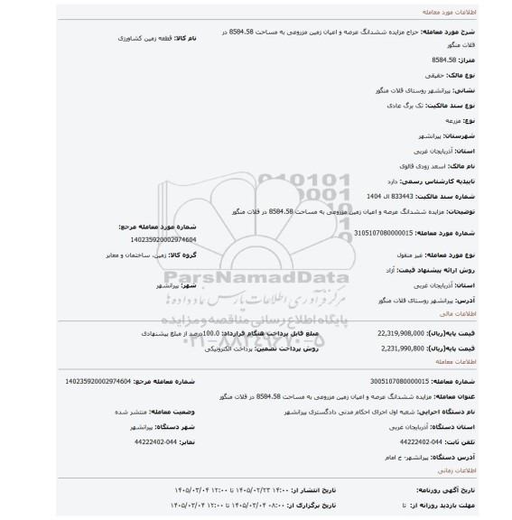 مزایده، مزایده ششدانگ عرصه و اعیان زمین مزروعی به مساحت 8584.58 در قلات منگور