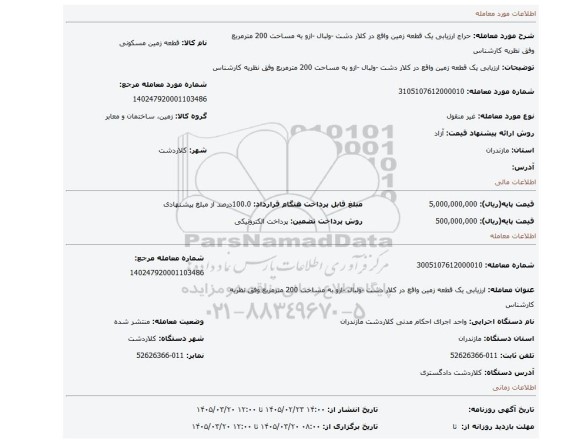 مزایده، ارزیابی یک قطعه زمین واقع در کلار دشت -ولبال -ازو به مساحت 200 مترمربع وفق نظریه کارشناس