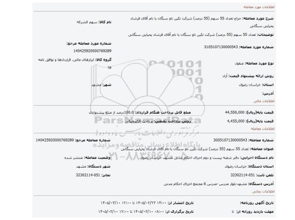 مزایده، تعداد 55 سهم (55 درصد) شرکت تکین تاو سنگان با نام آقای فرشاد یحیایی سنگانی