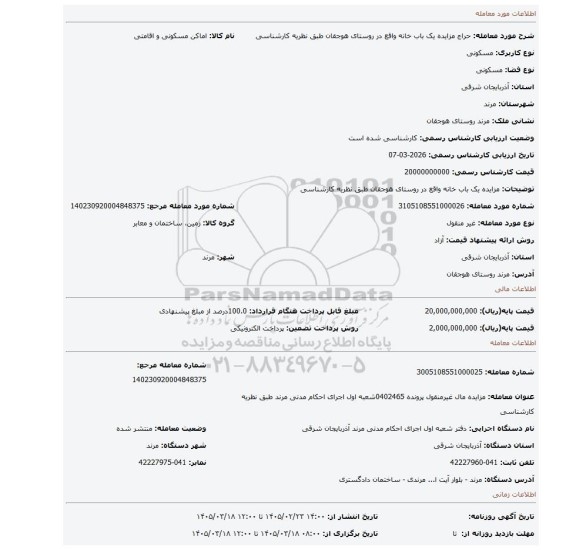 مزایده، مزایده یک باب خانه واقع در روستای هوجقان طبق نظریه کارشناسی