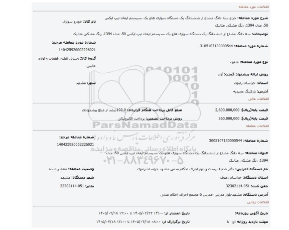 مزایده، سه دانگ مشاع از ششدانگ یک دستگاه سواری هاچ بک ،سیستم لیفان  تیپ ایکس 50، مدل 1394، رنگ مشکی متالیک