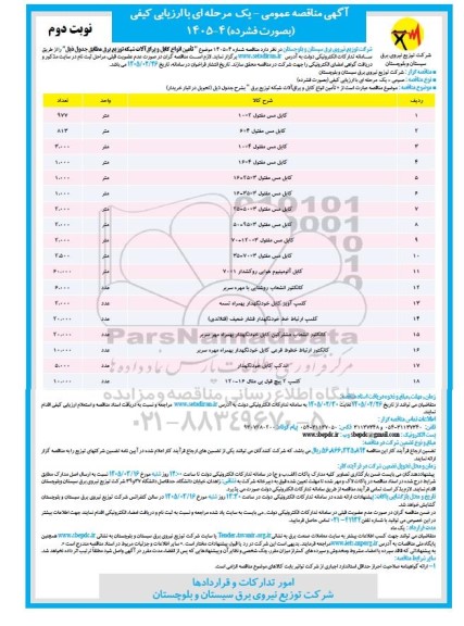 مناقصه تامین انواع کابل و یراق آلات شبکه توزیع برق- نوبت دوم