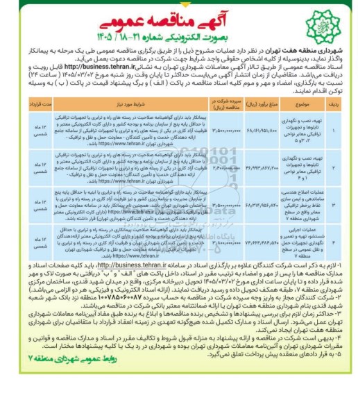 مناقصه تهیه ، نصب و نگهداری تابلوها و تجهیزات ترافیکی ....