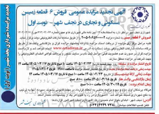 تجدید مزایده فروش 6 قطعه زمین مسکونی و تجاری 