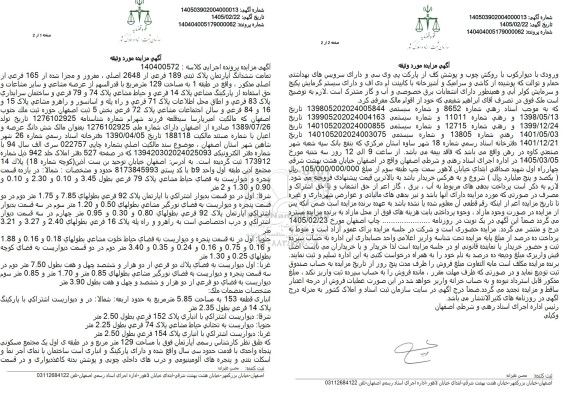 مزایده تمامت ششدانگ آپارتمان پلاک ثبتی 189 فرعی از 2648 اصلی 