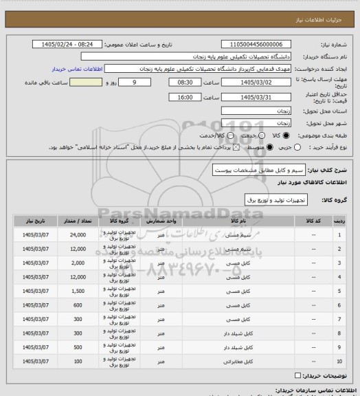 استعلام سیم و کابل مطابق مشخصات پیوست
