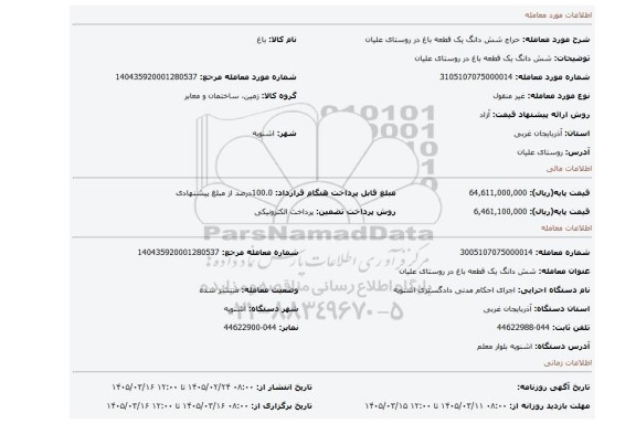 مزایده، شش دانگ یک قطعه باغ در روستای علیان