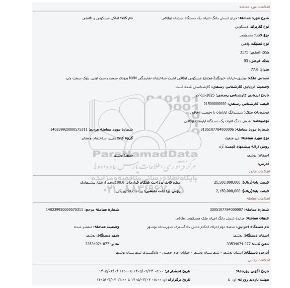 مزایده، اشش دانگ اعیان یک دستگاه اپارتمان اوقافی