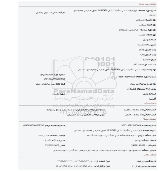 مزایده، مزایده شش دانگ پلاک ثبتی 1052/436 متعلق به عباس جعفری فرزند خداکرم