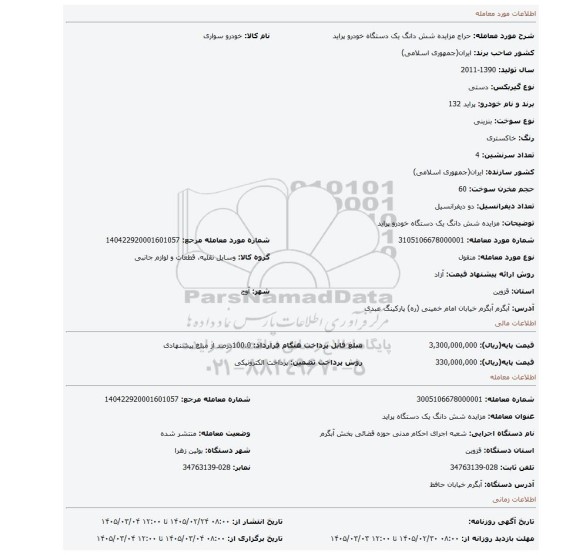 مزایده، مزایده شش دانگ یک دستگاه خودرو پراید