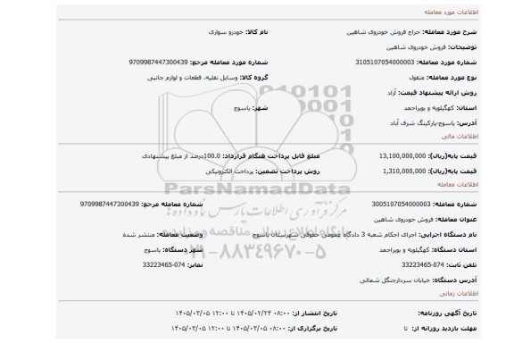 مزایده، فروش خودروی شاهین
