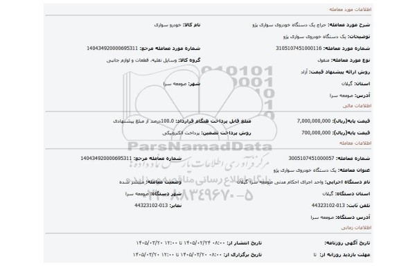 مزایده، یک دستگاه خودروی سواری پژو