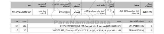 استعلام انواع مصالح ومقاطع فلزی ساختمان