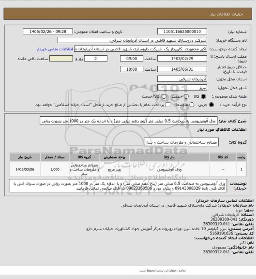 استعلام ورق آلومینیومی به ضخامت 0.5 میلی متر (پنج دهم میلی متر) و با اندازه یک متر در 1000 متر بصورت رولی