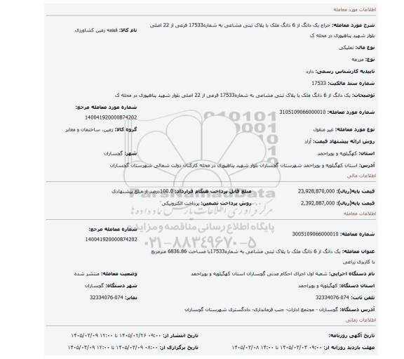 مزایده، یک دانگ از 6 ذانگ ملک با پلاک ثبتی مشاعی به شماره17533 فرعی از 22 اصلی بلوار شهید پناهپوری در محله ک