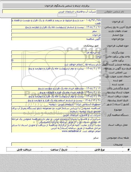مناقصه, )مناقصه عمومی با ارزیابی ساده( خرید دو مجموعه تابلو ایستگاه پمپاژ آب برای مجتمع شبان ارومیه– شماره: