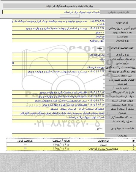 مناقصه, بهینه سازی پایپینگ سیستم خنک کاری و اطفاء حریق نیروگاه شهید کاوه قاین