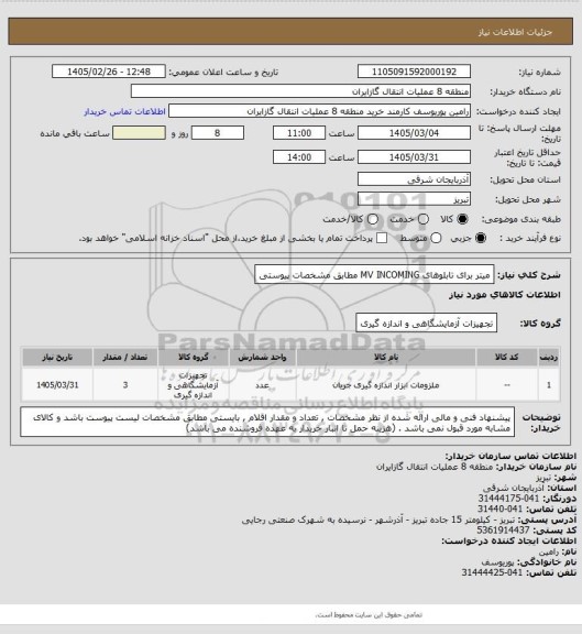 استعلام میتر برای تابلوهای MV INCOMING مطابق مشخصات پیوستی